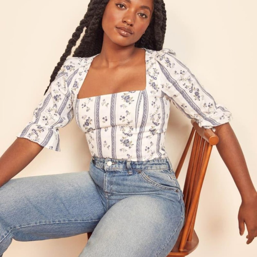 Reformation White and Blue Floral Square-Neck Puff Sleeve Top